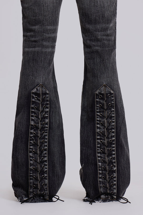 Washed Black Laced Bootcut Jeans