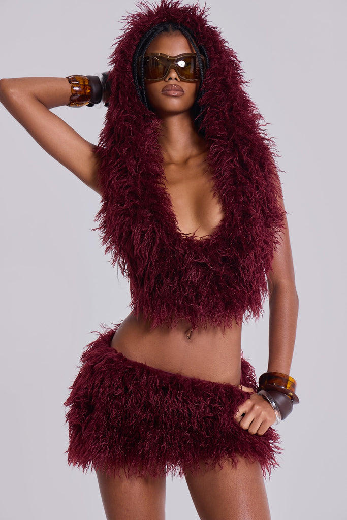 Haka Mongolian Faux Fur Backless Top in Wine