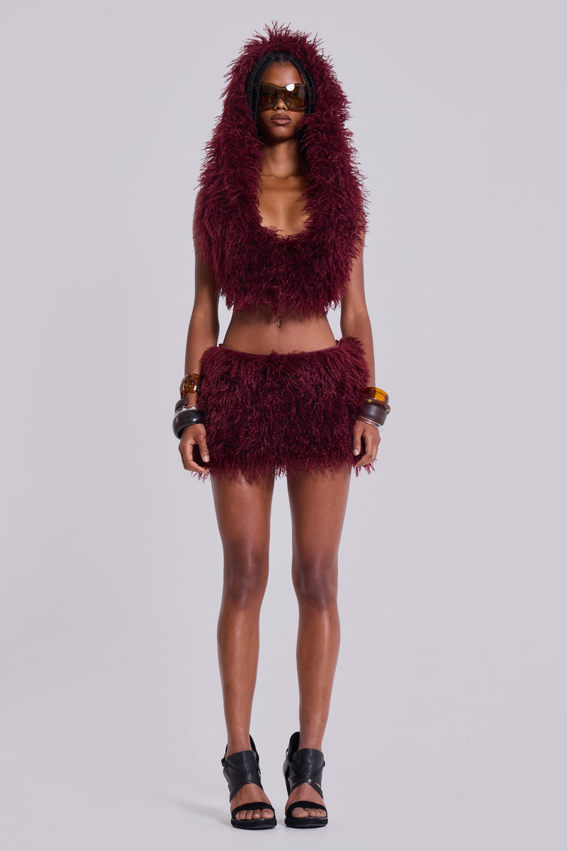 Haka Mongolian Faux Fur Backless Top in Wine