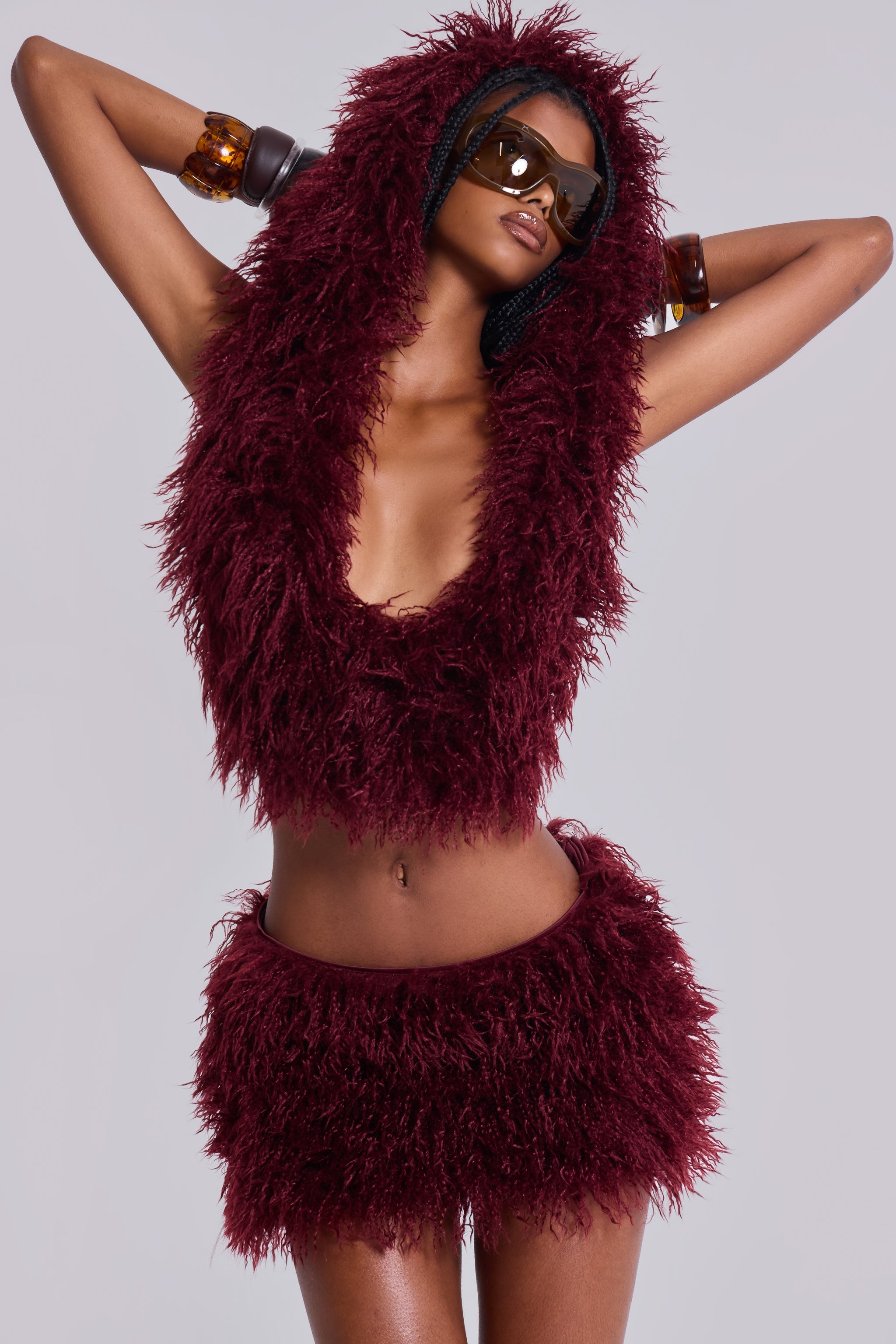 Haka Mongolian Faux Fur Mini Skirt in Wine