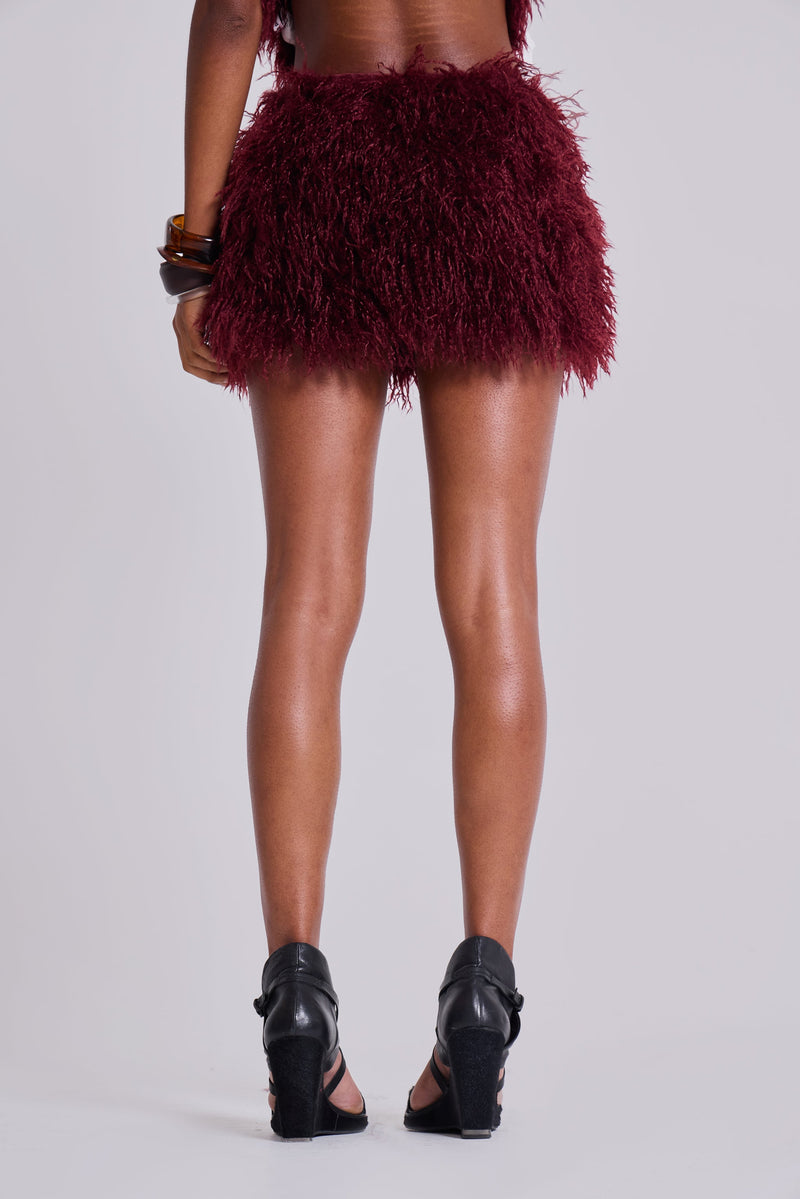 Haka Mongolian Faux Fur Mini Skirt in Wine