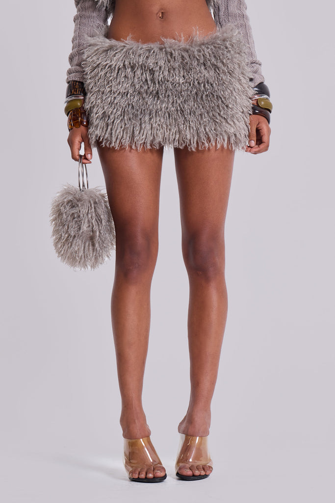 Haka Mongolian Faux Fur Mini Skirt in Grey