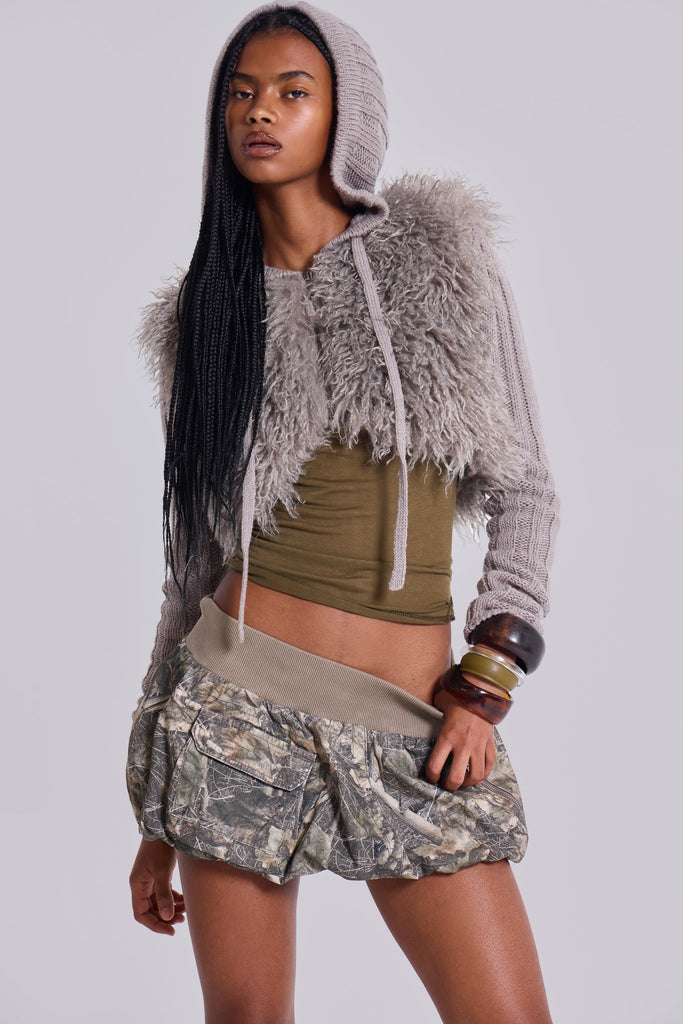 Haka Mongolian Faux Fur Knit Shrug in Grey