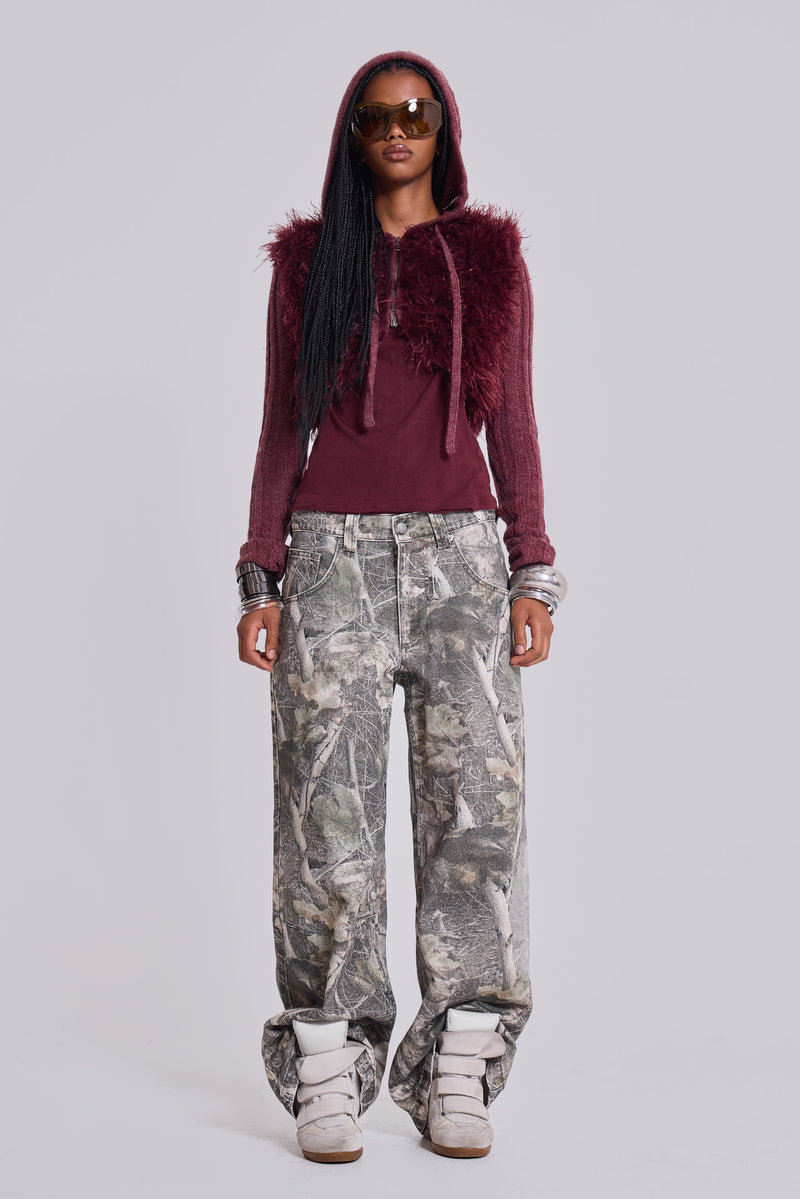 Haka Mongolian Faux Fur Knit Shrug in Wine