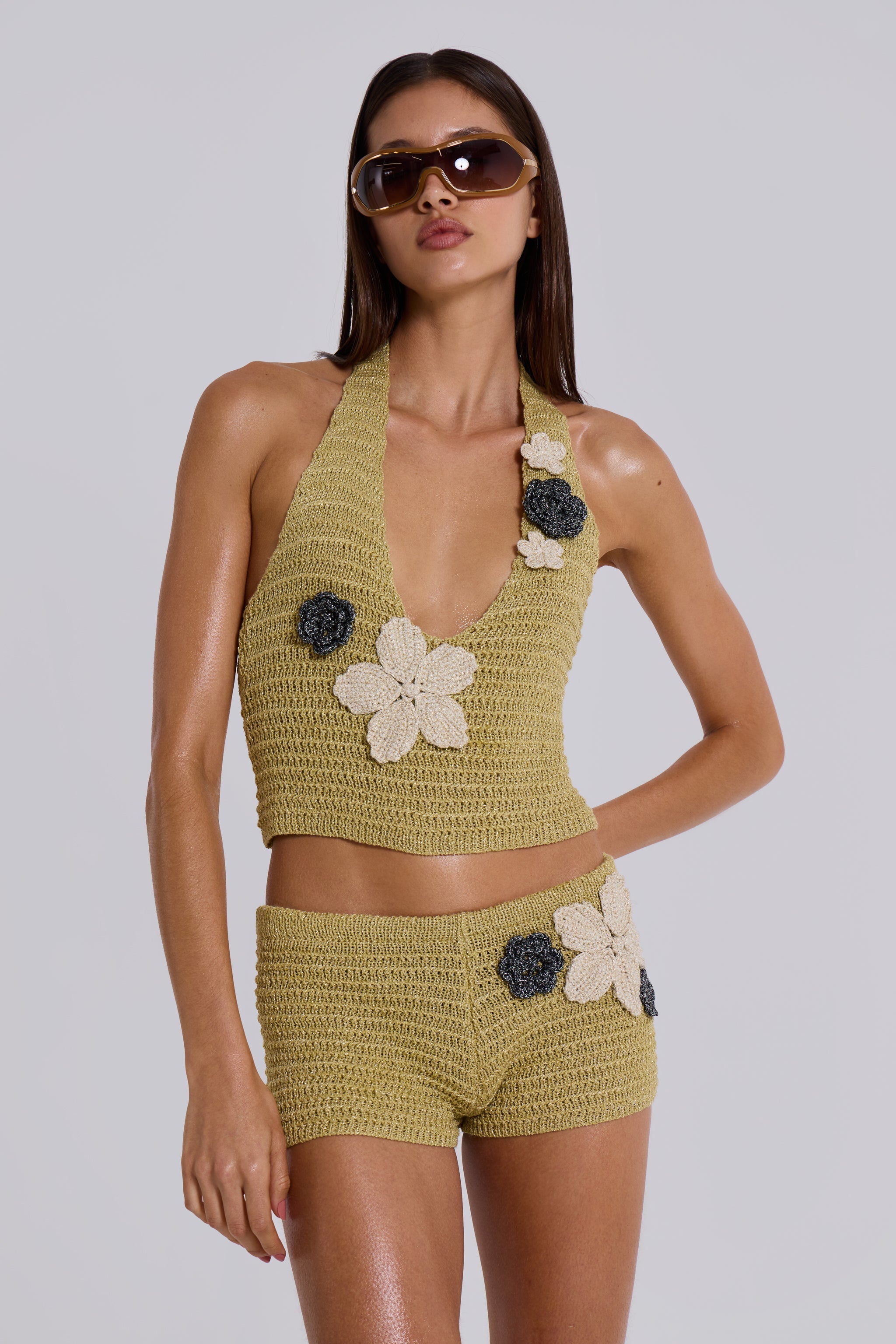 Vine Crochet Mini Shorts With Flower Detail