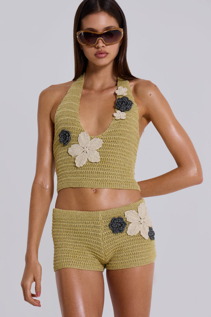 Vine Crochet Plunge Top With Flower Detail