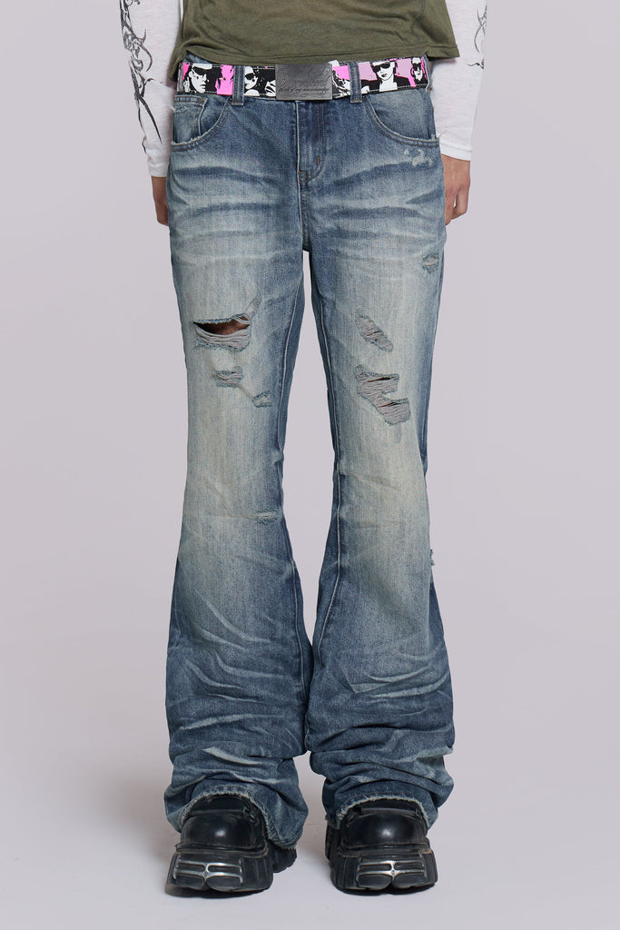 Mid Blue Distressed Creased Drift Flared Jeans