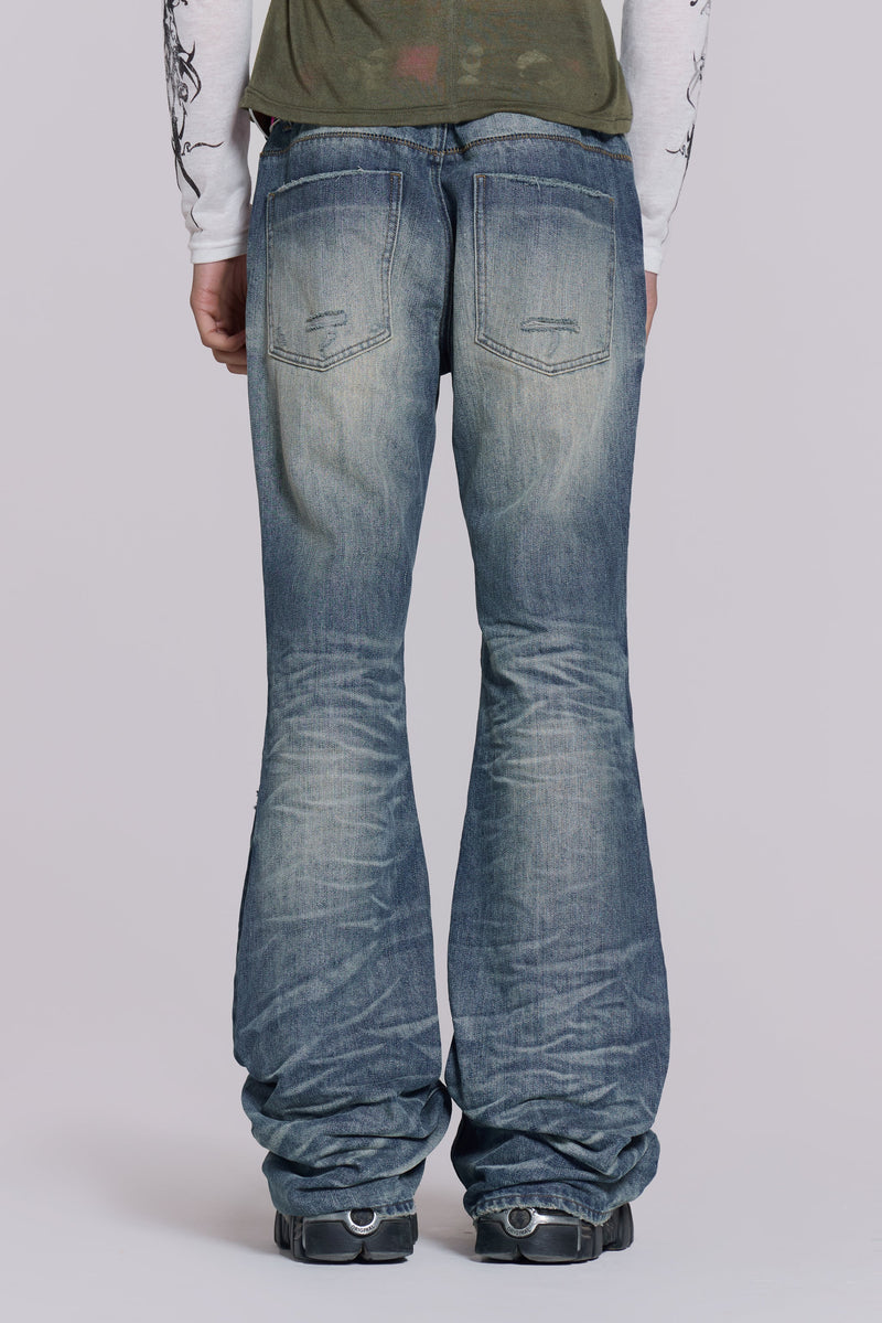 Mid Blue Distressed Creased Drift Flared Jeans