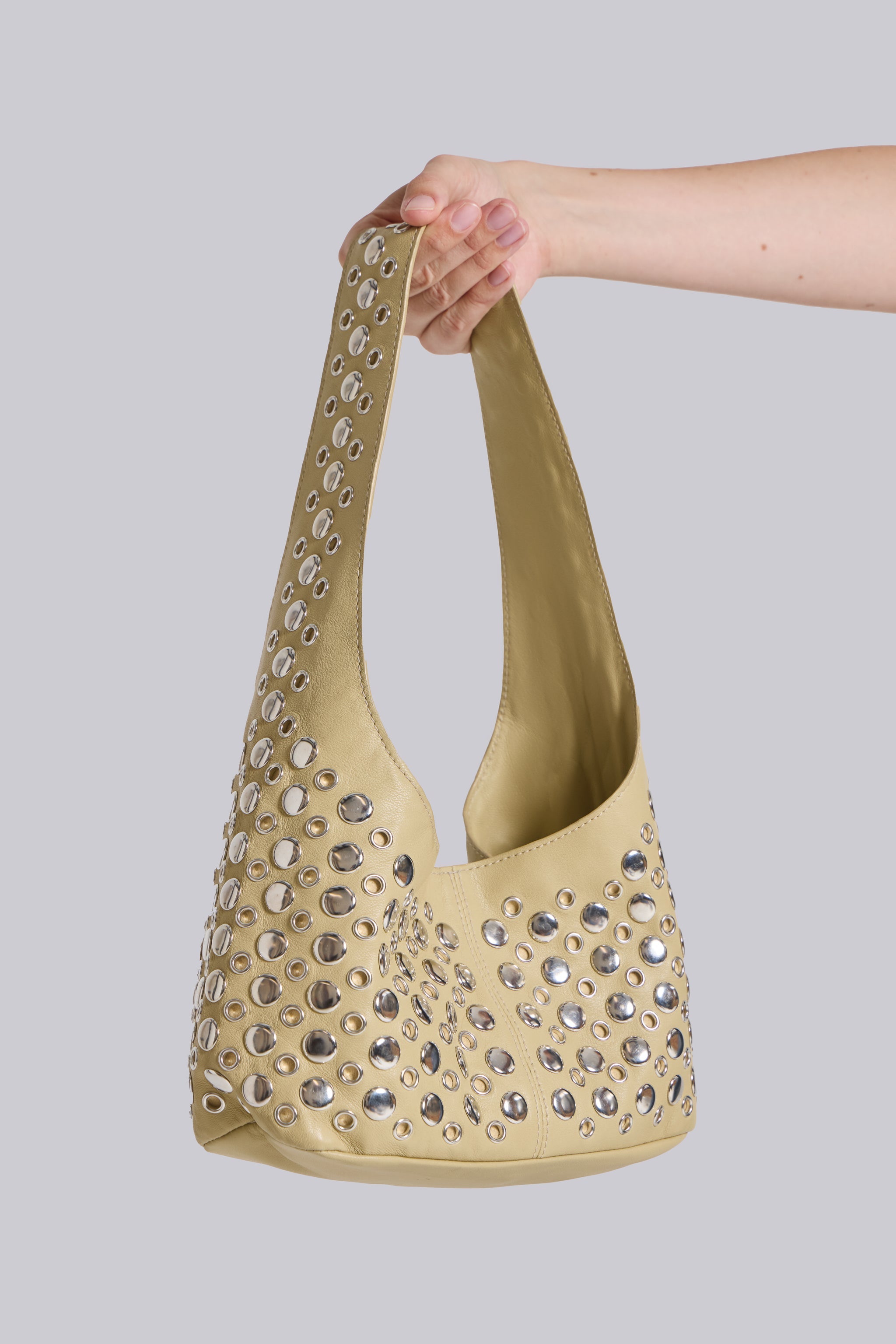 Osmium Studded Leather Bag in Beige