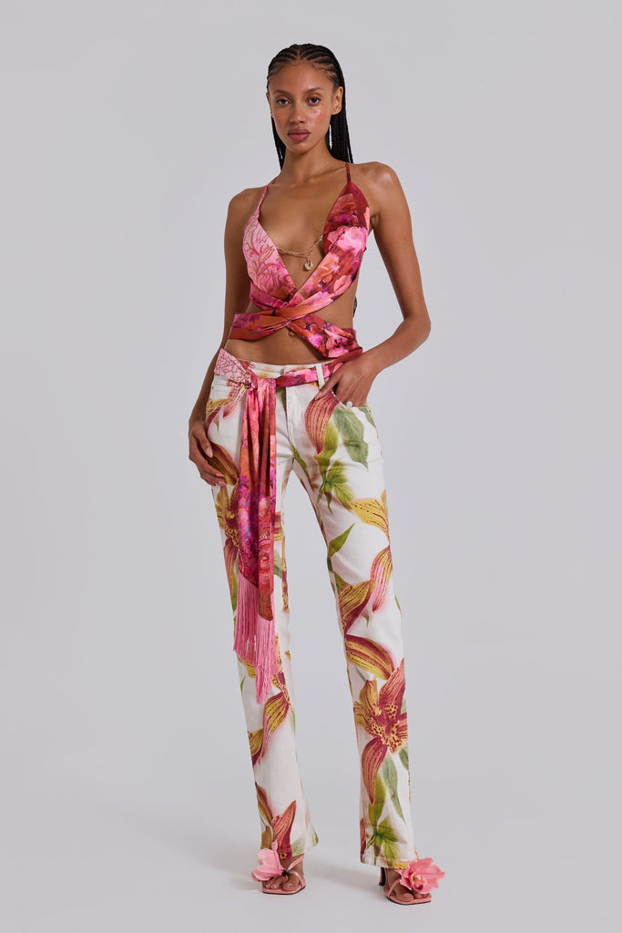 Ayla Satin Backless Plunge Wrap Top In Rosa