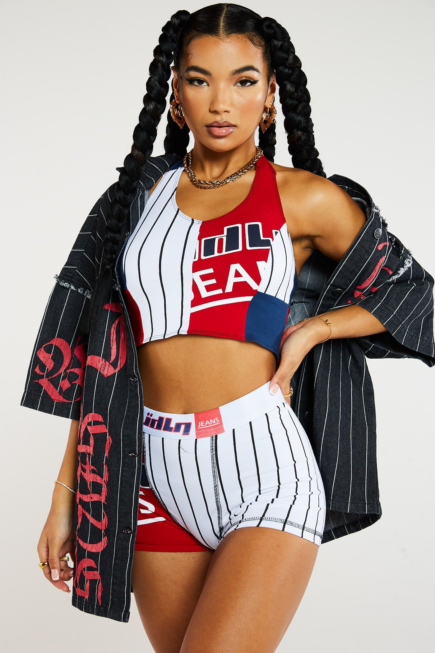 Mix Pinstripe Cut & Sew Jersey Halter Top