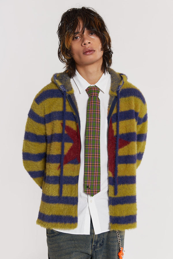 Male model wearing Khaki Fuzzy Stripe Zip Through Jacket. 