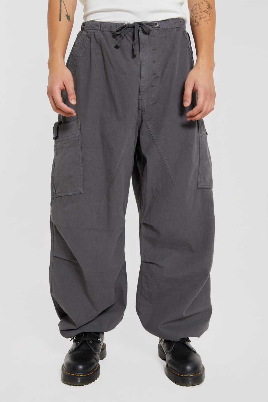 Vintage charcoal grey cargo military style pants with drawstring waistband in an oversized fit.