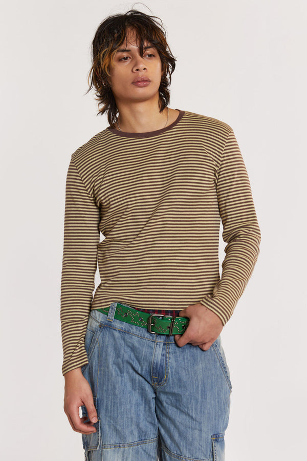 Male model wearing Micro Ribbed Jersey Long Sleeve Tee. 