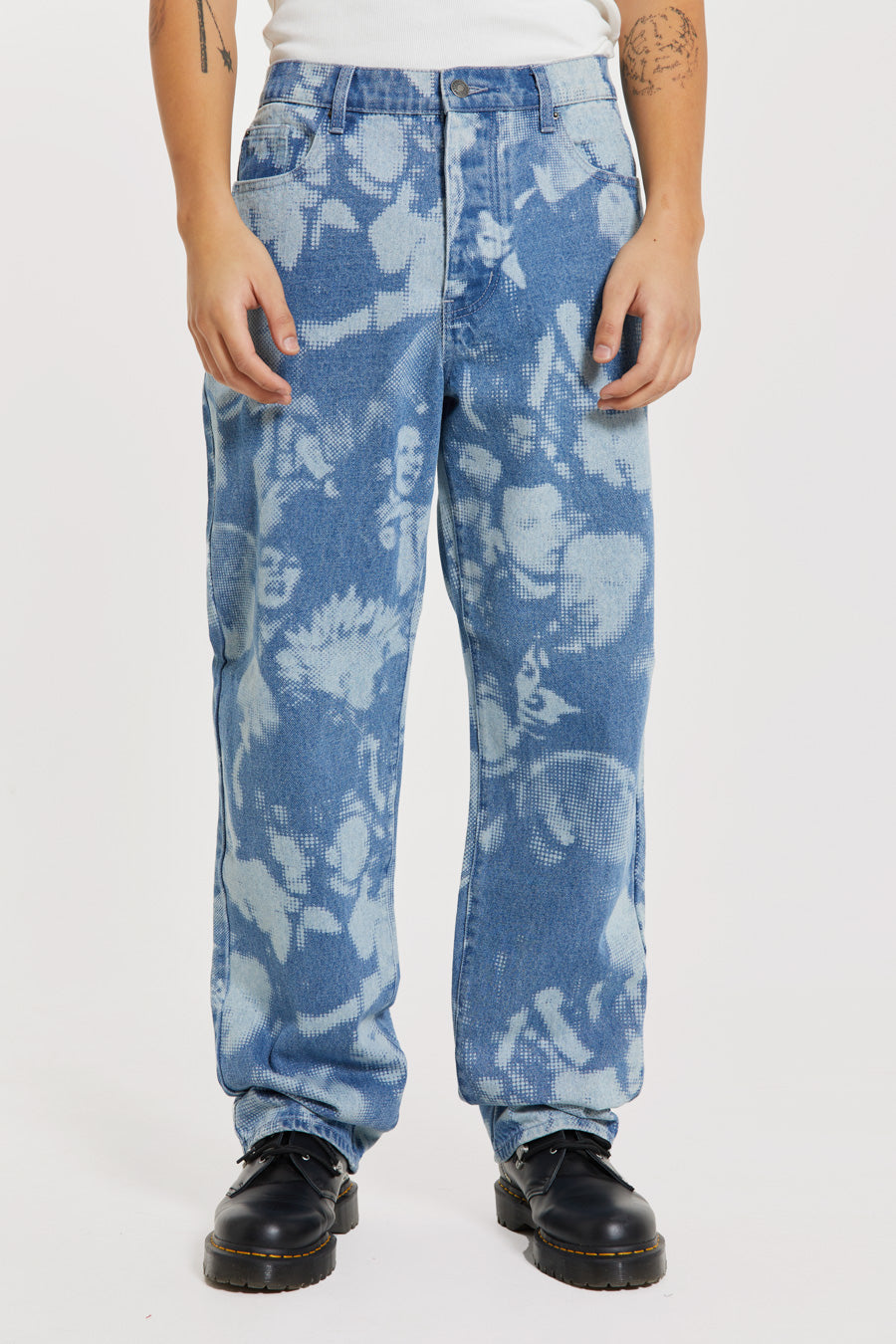 Blue crowd discharge printed straight let fit denim jeans