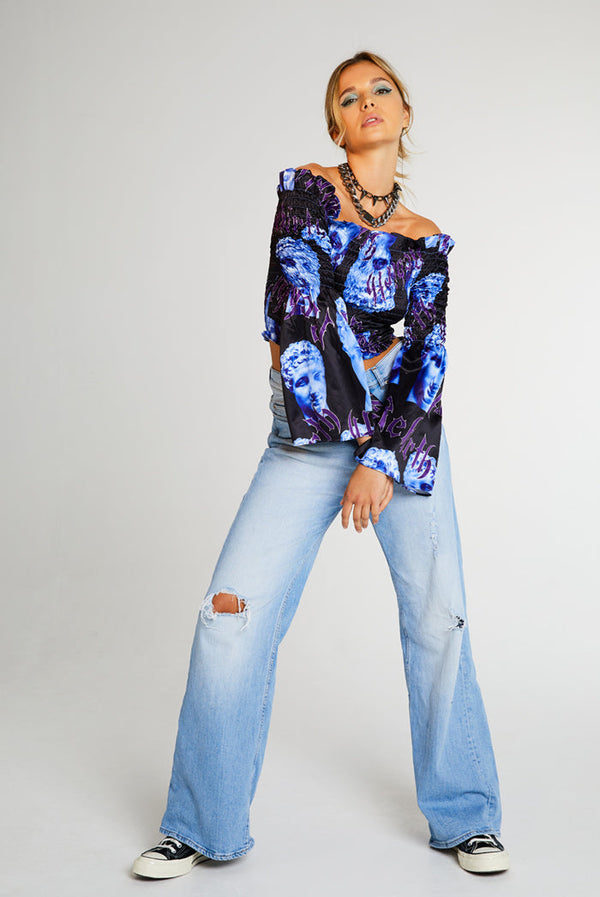 Statue Print Shirred Bardot Top