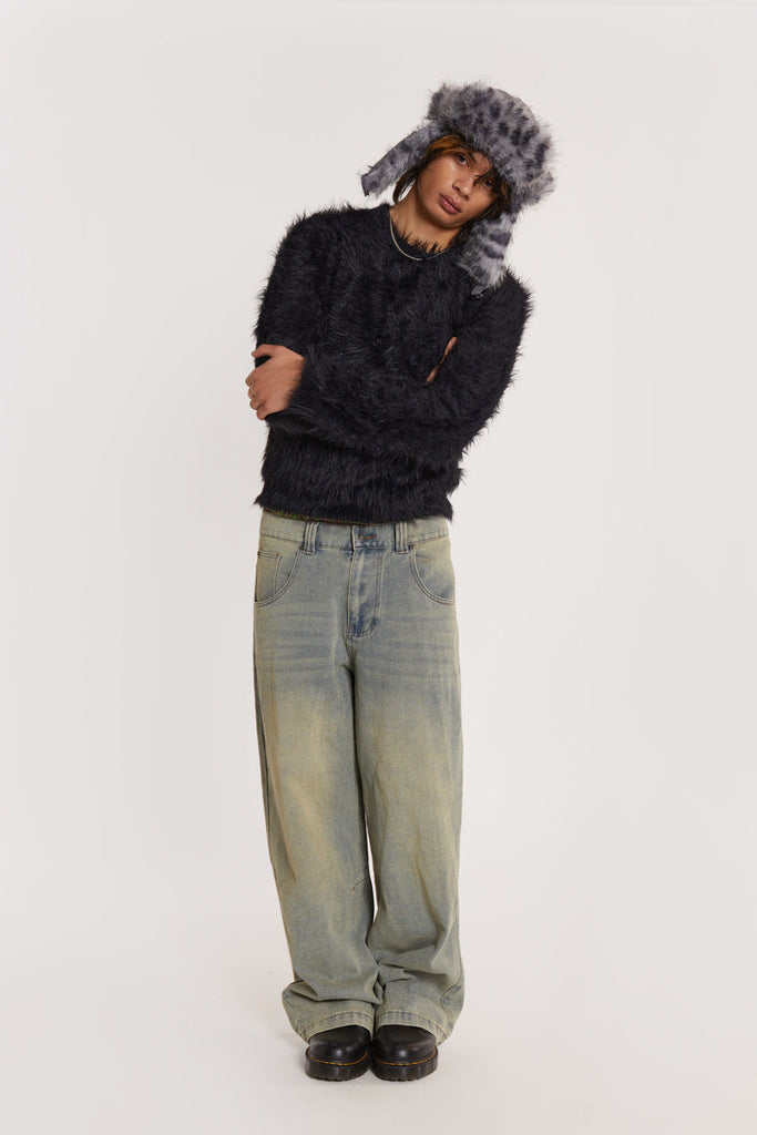Male model wearing Black Hairy Knit Crew Neck Jumper  
