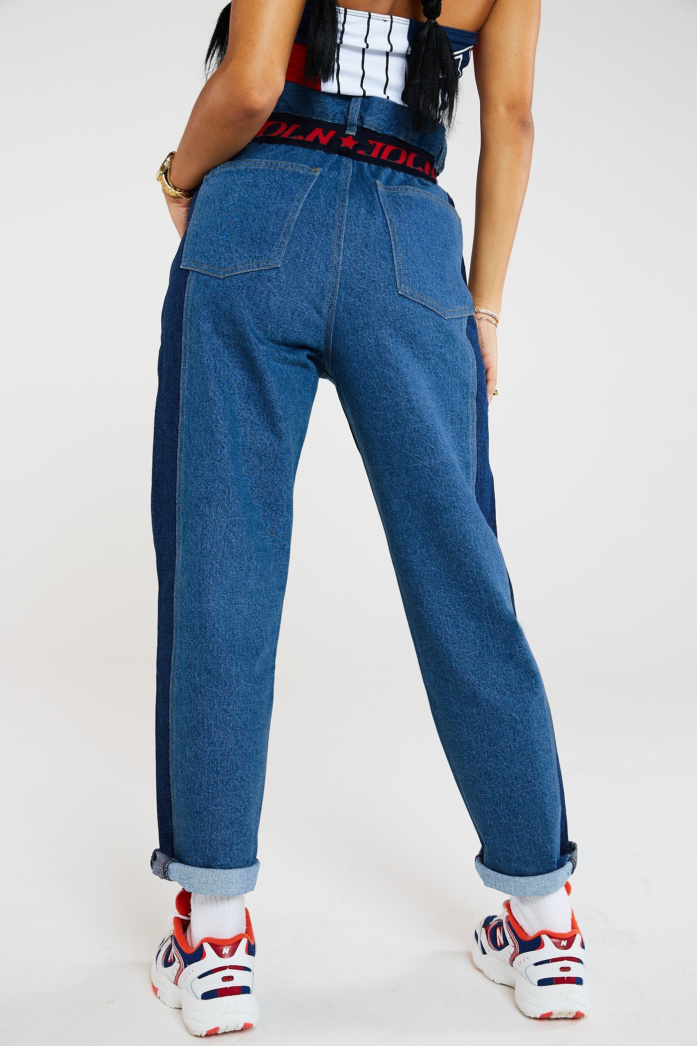 Paperbag Waist Panelled Denim Jeans With Elastic Waist