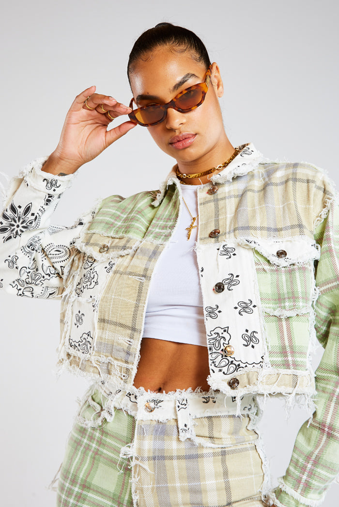 Patchwork Bandana Cropped Denim Jacket