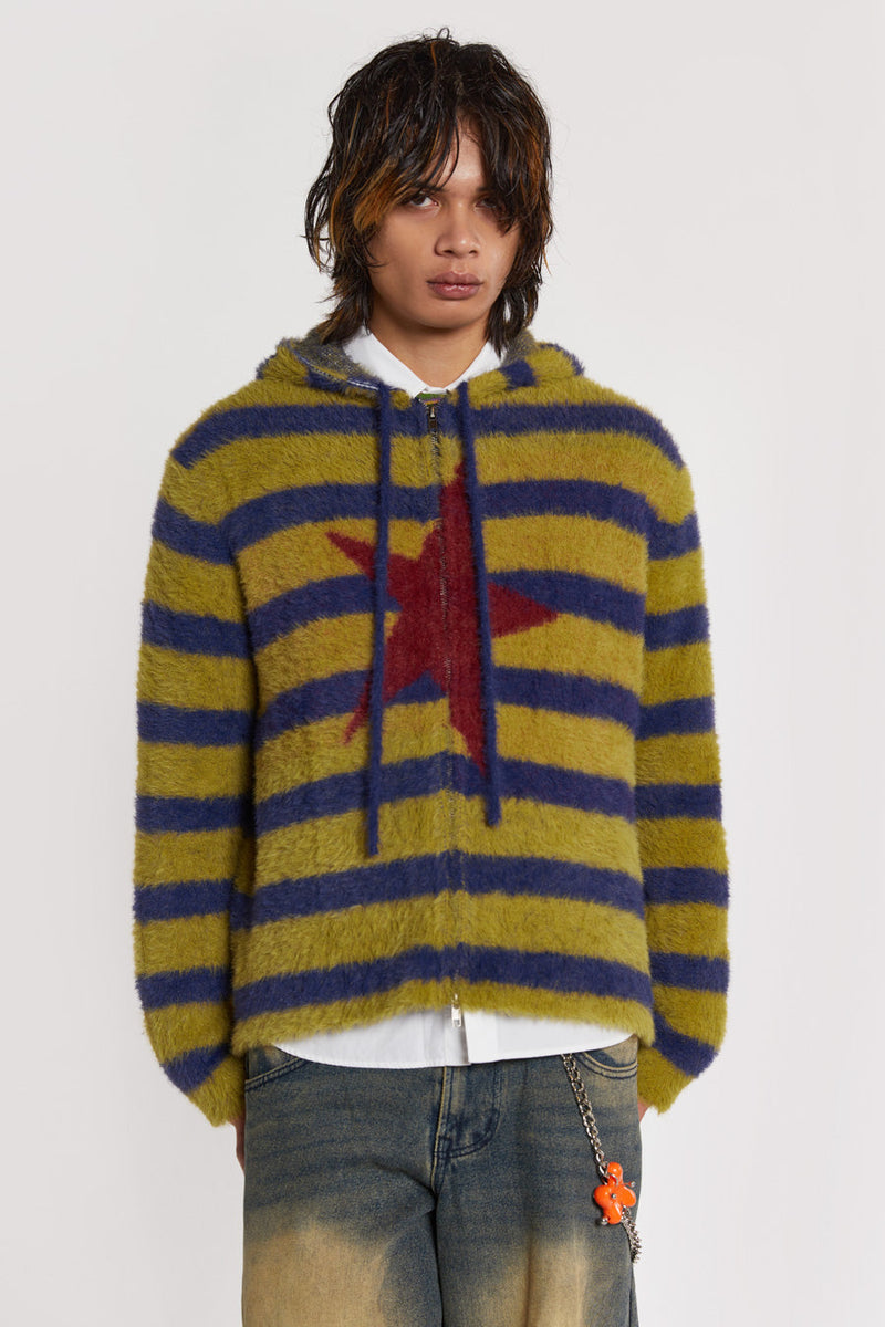 Male model wearing Khaki Fuzzy Stripe Zip Through Jacket. 