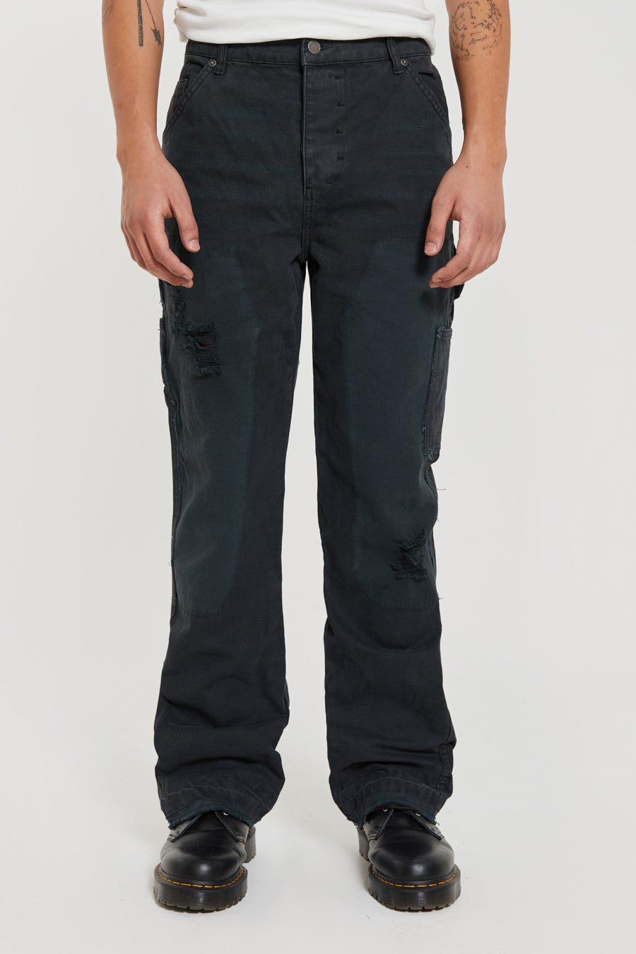 Male wearing Washed Black Carpenter Jeans With Inserted Panel. 