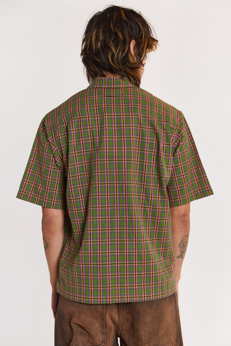 Male model wearing Green & pink Check Short Sleeve Shirt. 