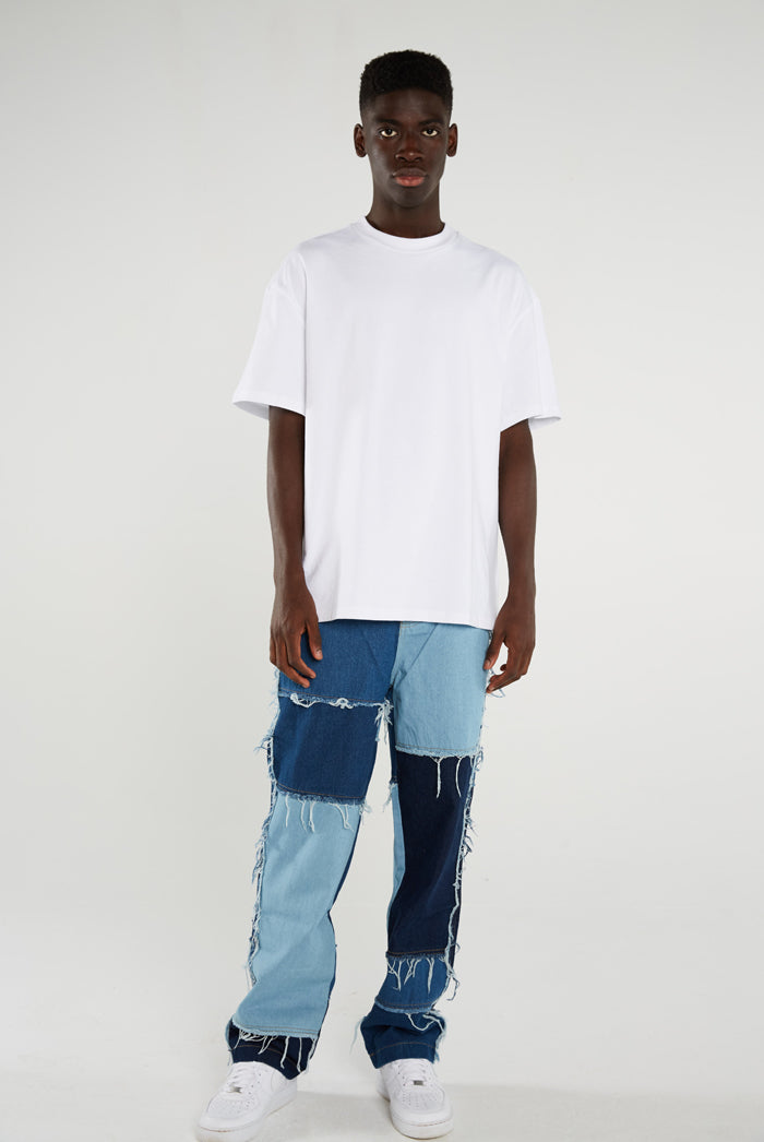 Frayed Patchwork Denim Skate Jeans