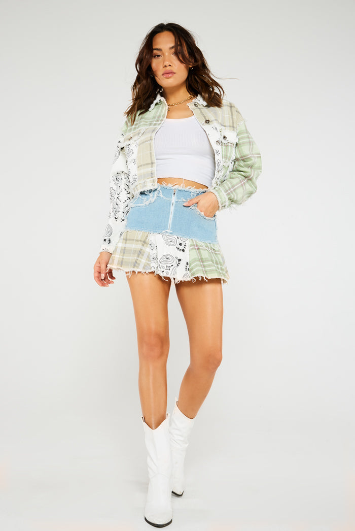 Patchwork Bandana Pleated Denim Mini Skirt