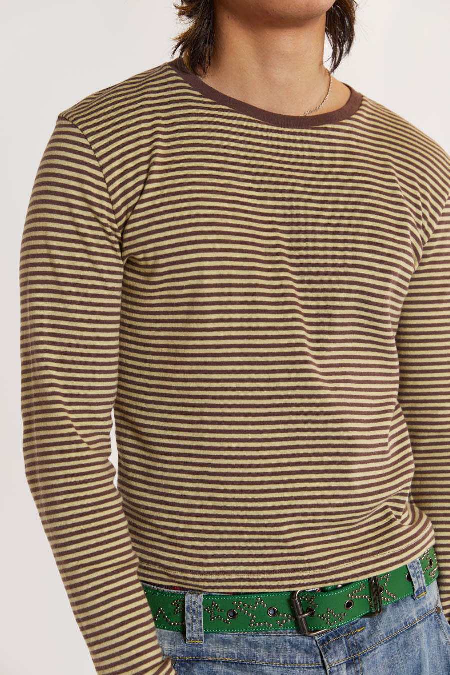 Male model wearing Micro Ribbed Jersey Long Sleeve Tee. 