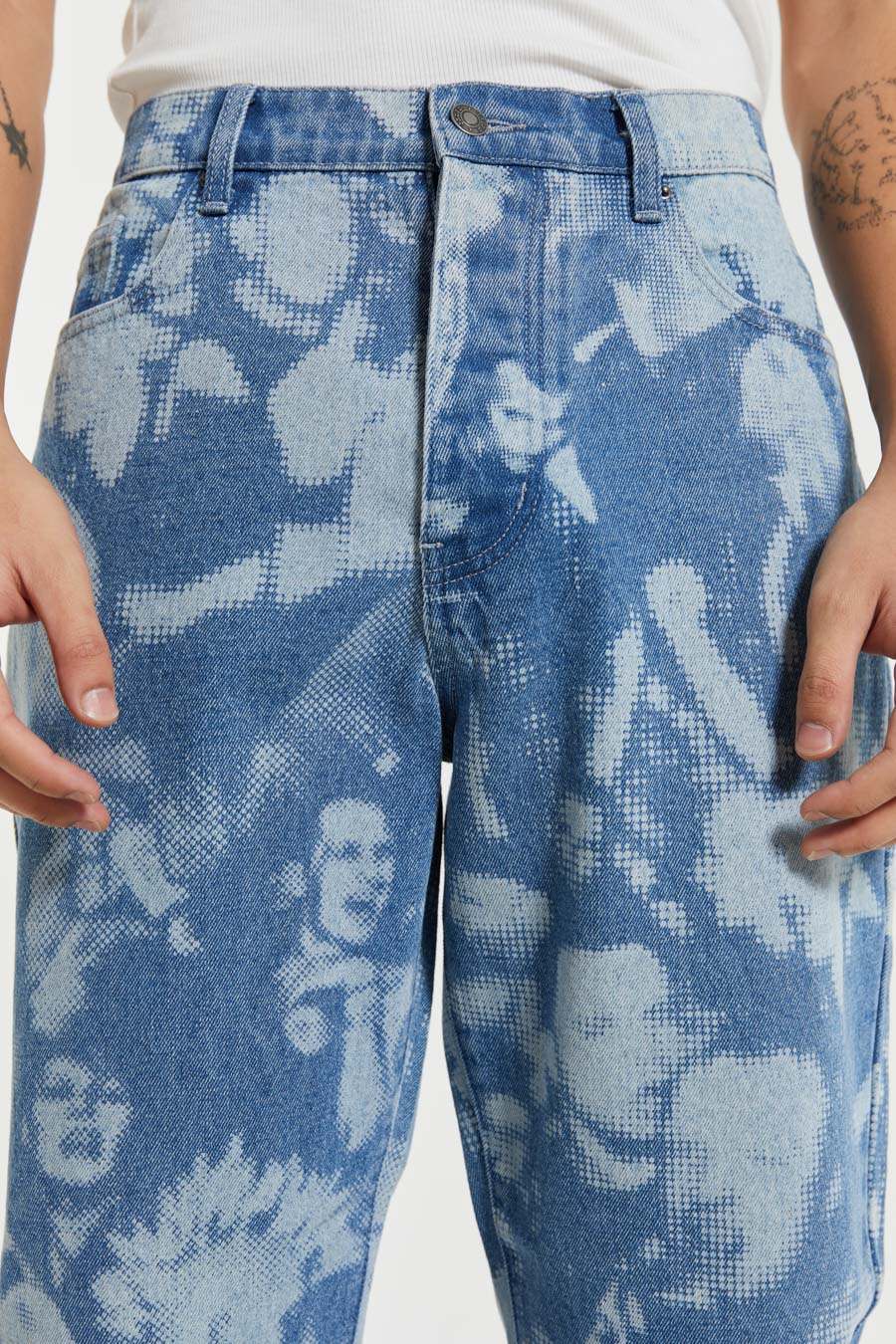 Blue crowd discharge printed straight let fit denim jeans