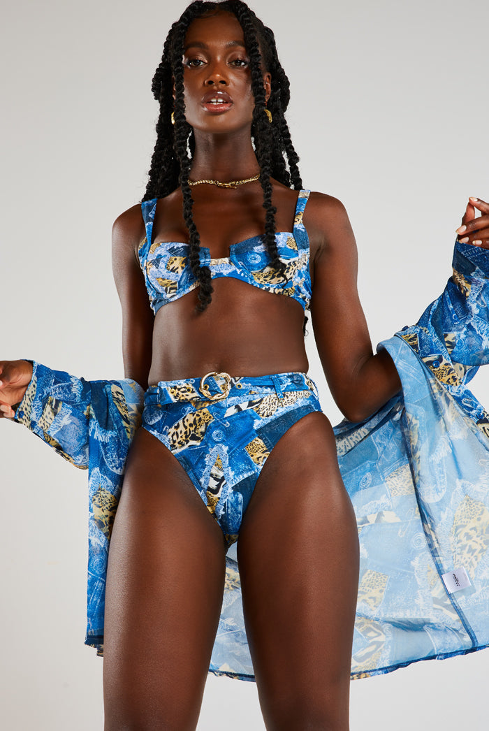 Denim Patchwork Print High Waist Bikini Bottoms