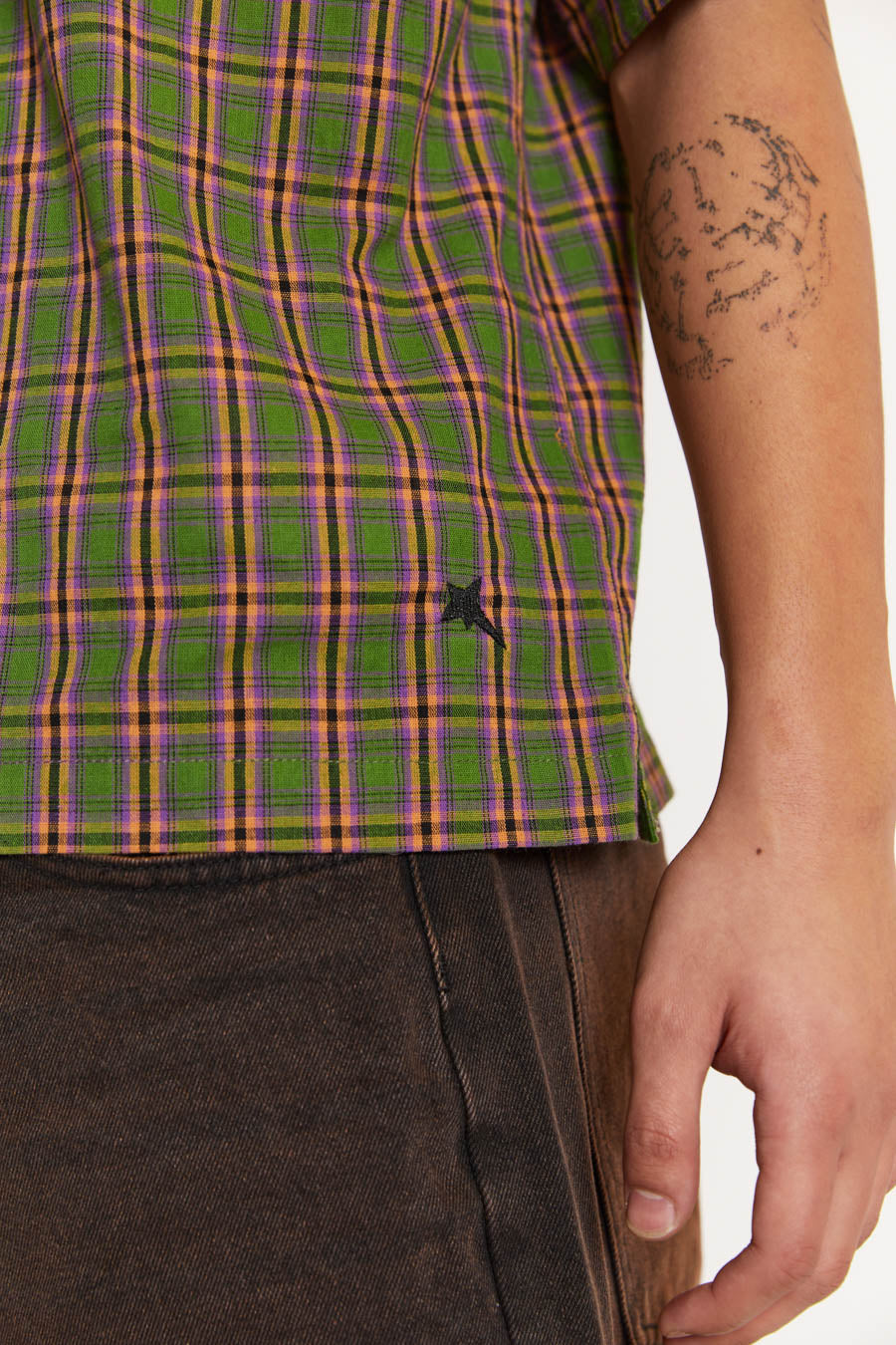 Male model wearing Green & pink Check Short Sleeve Shirt. 