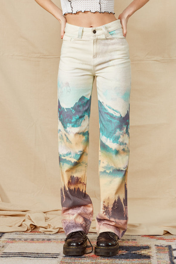 Landscape Print Boyfriend Fit Jeans