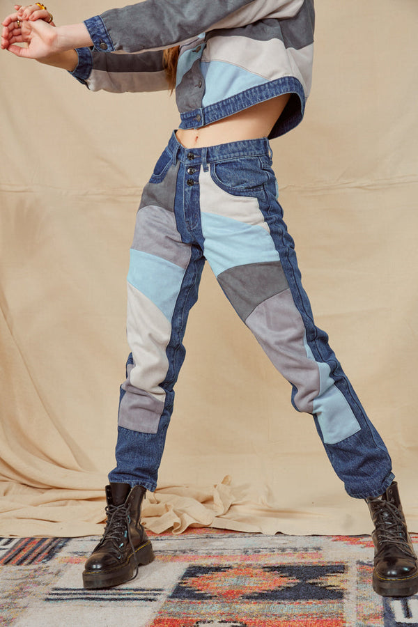 High Waist Suede Panel Jeans