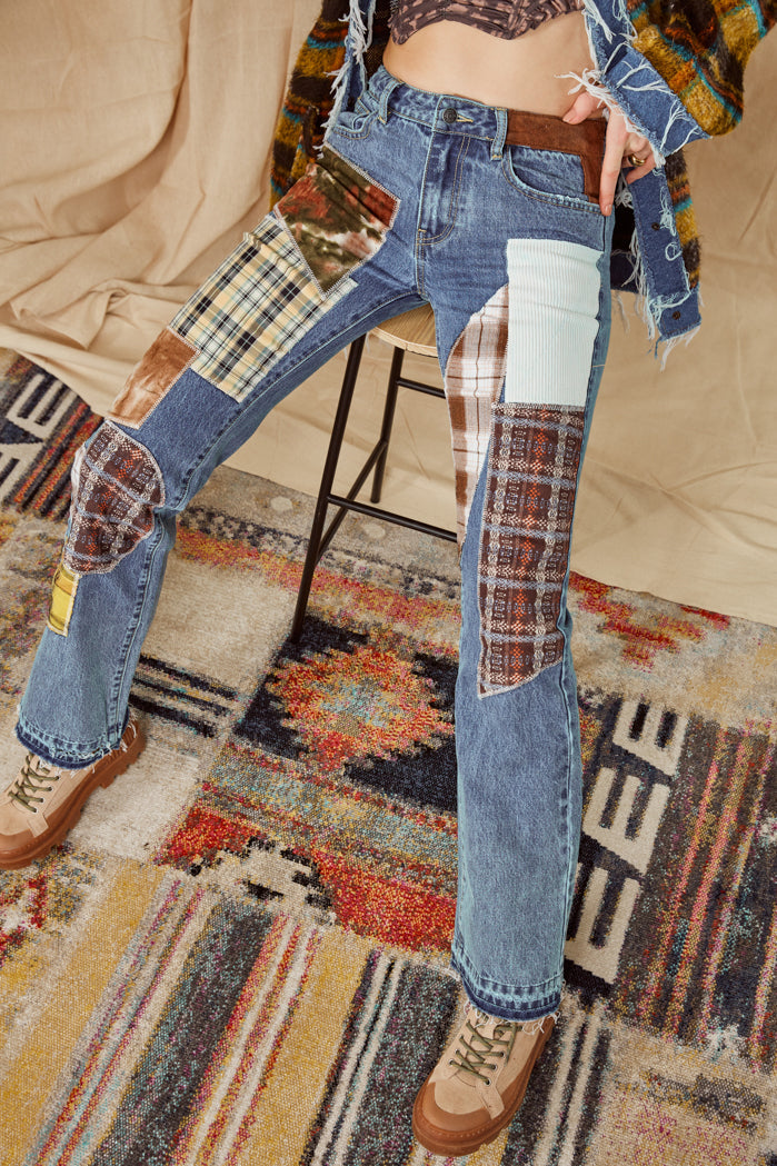 Patchwork Check Mid Rise Boyfriend Fit Jeans