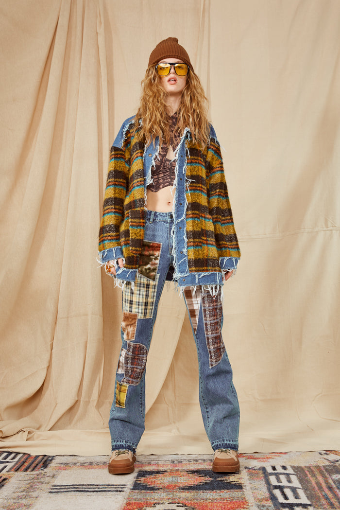 Patchwork Check Mid Rise Boyfriend Fit Jeans