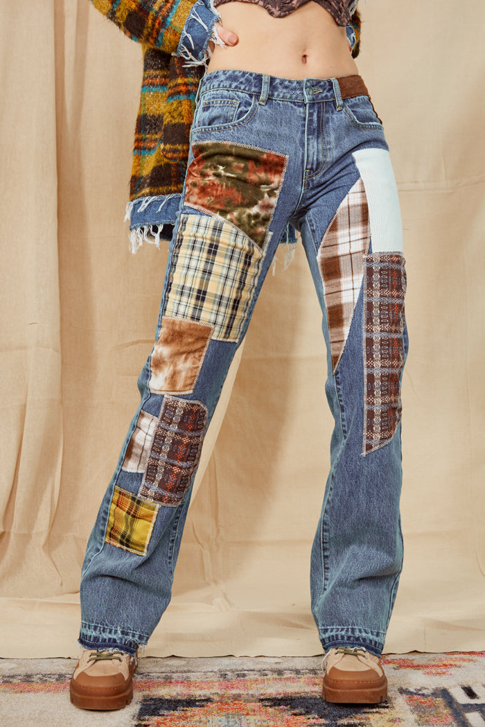 Patchwork Check Mid Rise Boyfriend Fit Jeans