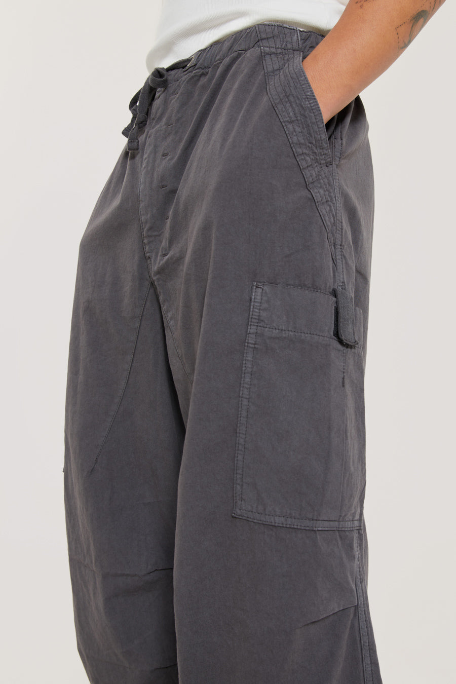 Vintage charcoal grey cargo military style pants with drawstring waistband in an oversized fit.