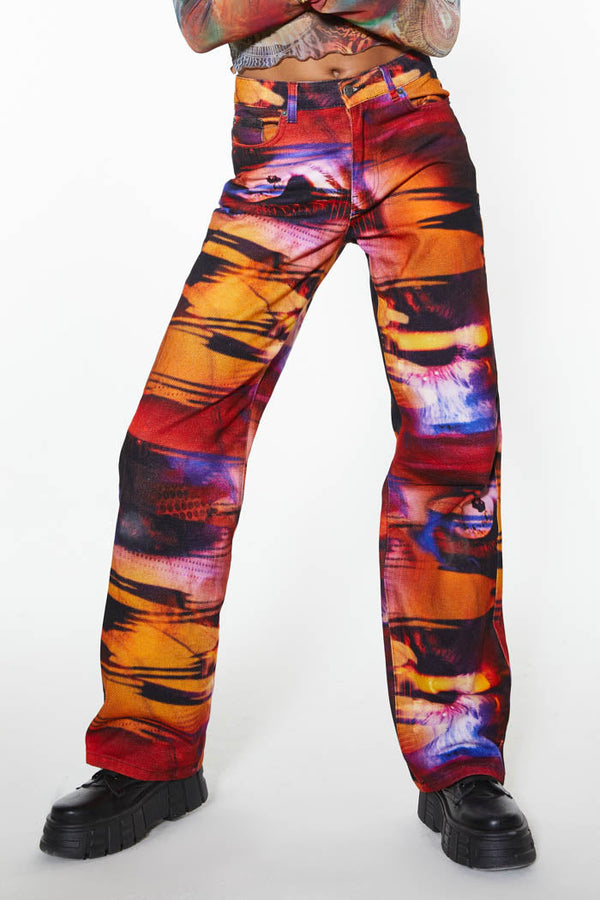 Petite abstract eye printed jeans in a baggy slouchy oversized boyfriend fit.   