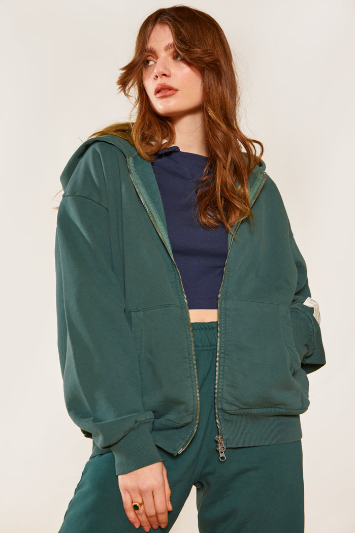 Dark Green Oversized Zip Through Hoodie