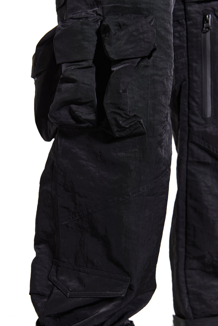 close up detail of mens black straight leg cargo trousers