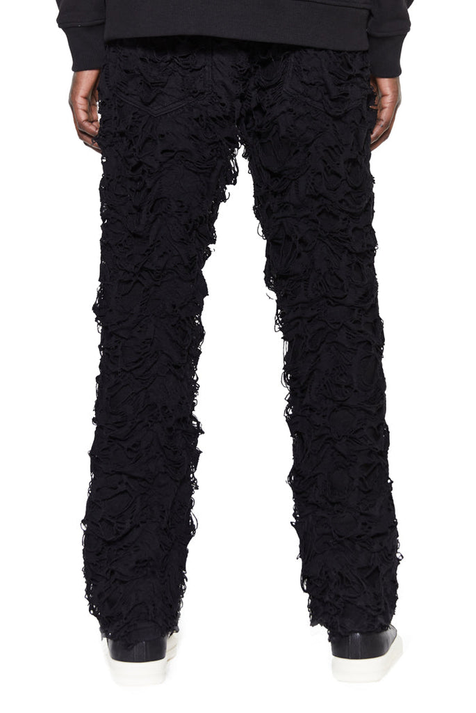 stretched denim black jeans with distressed jersey layer