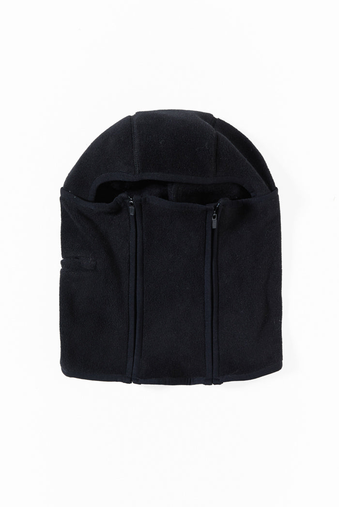 Black polar fleece balaclava with double zip detail. 