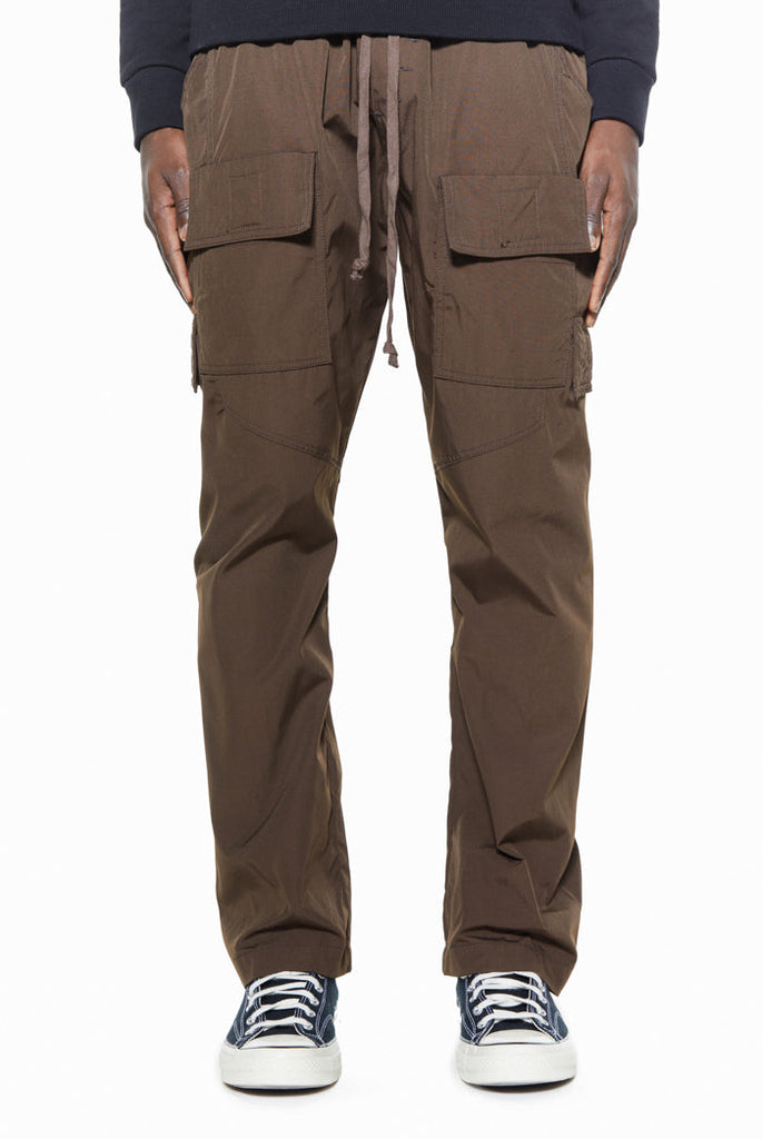 Brown nylon straight stacked fit cargo trousers with drawstring waistband.
