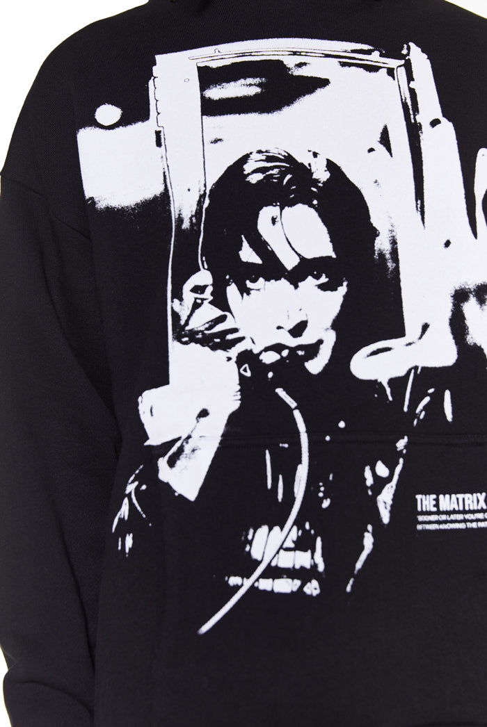 close up detail of oversized printed black hoodie