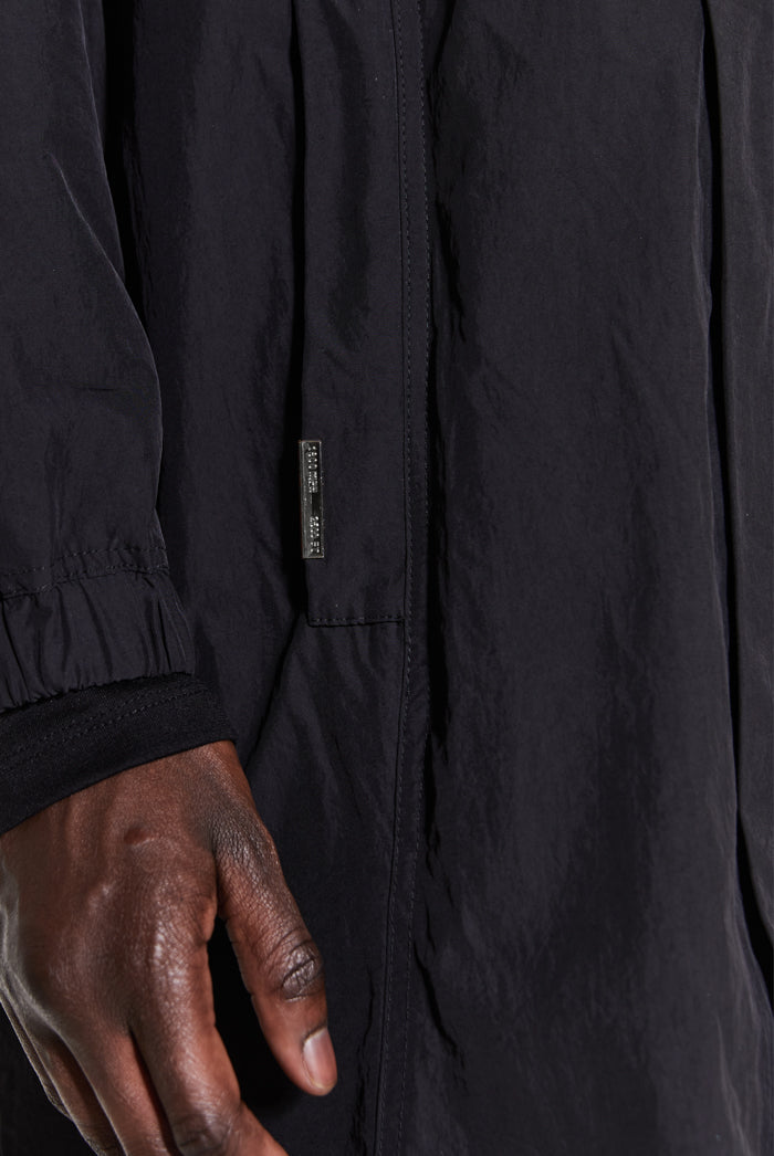pocket detail of oversized nylon rain coat