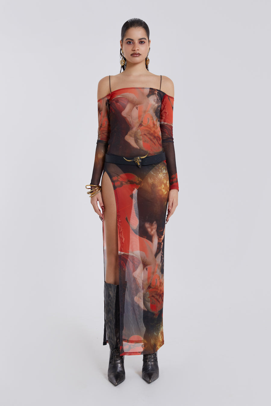 Female model wearing Statue Illusion Print Maxi Dress.