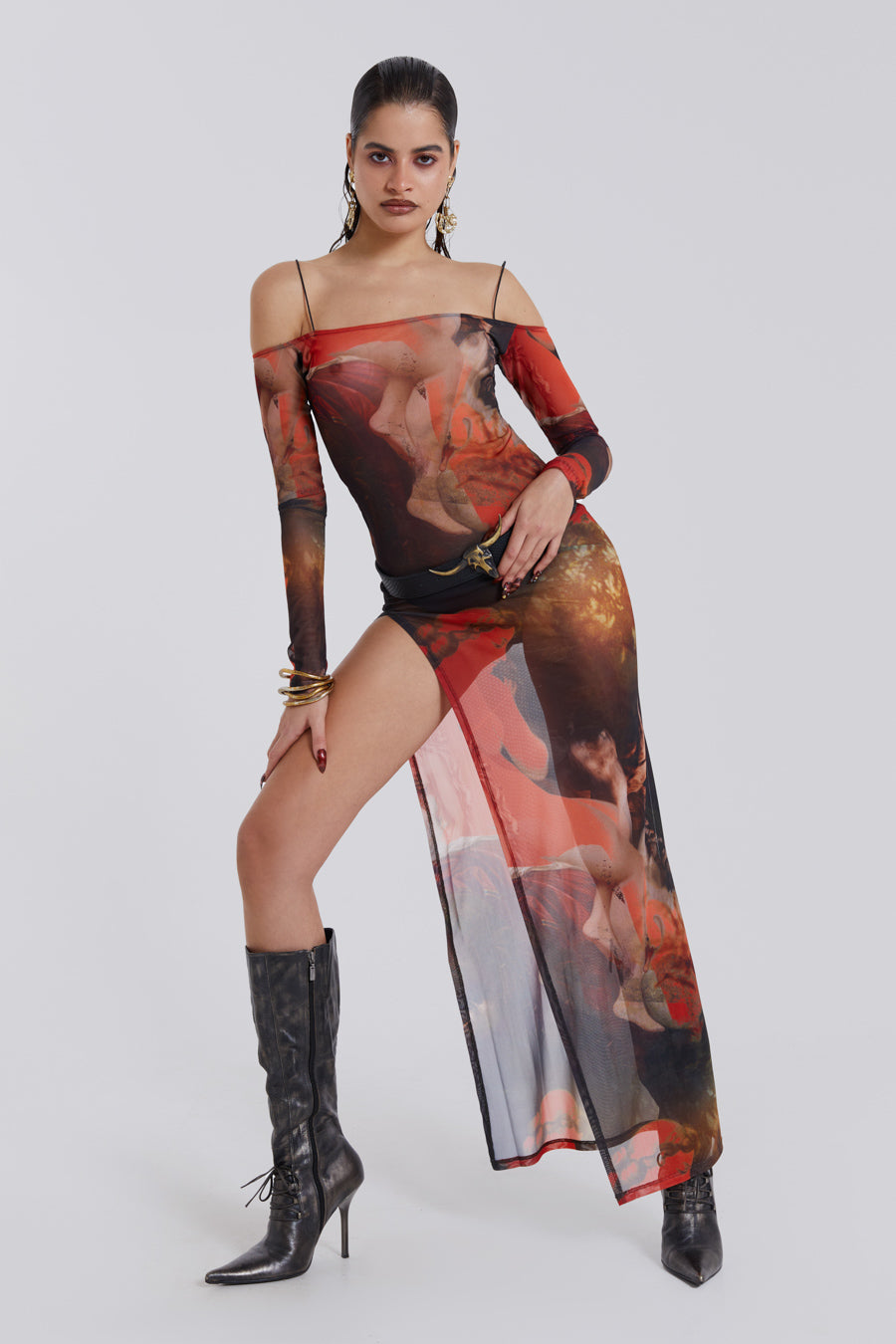 Female model wearing Statue Illusion Print Maxi Dress.