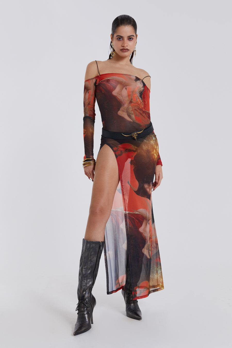 Female model wearing Statue Illusion Print Maxi Dress.