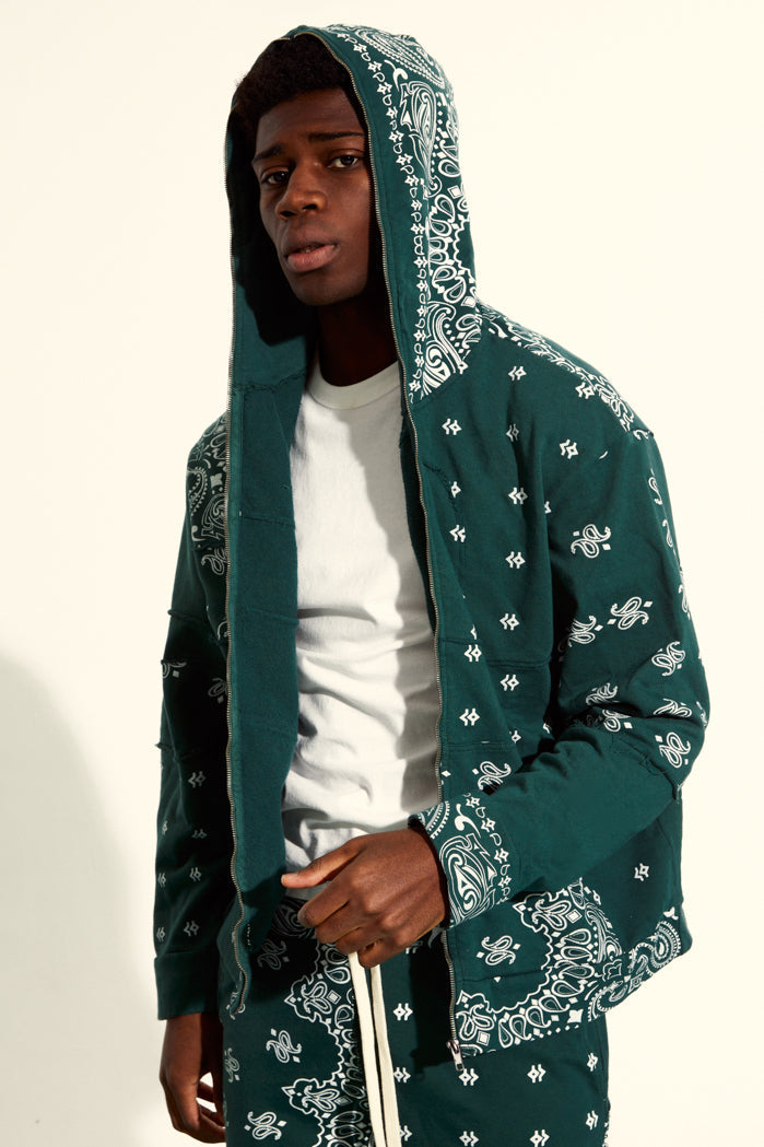 Cut & Sew Green Paisley Oversized Zip Through Hoodie